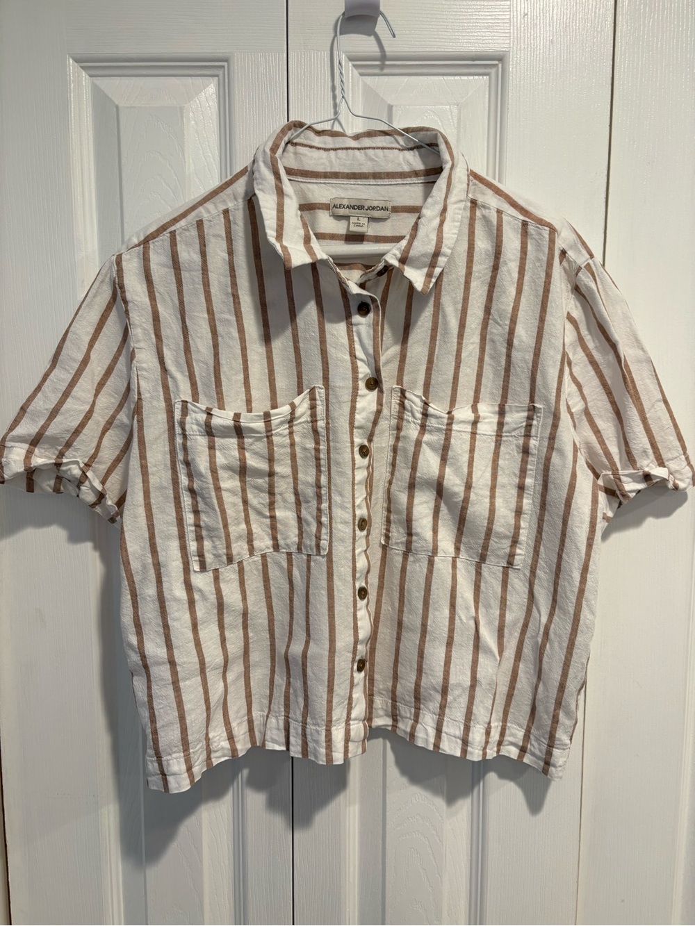 Women Short-Sleeve Striped Button-Up Shirt in Cream & Brown